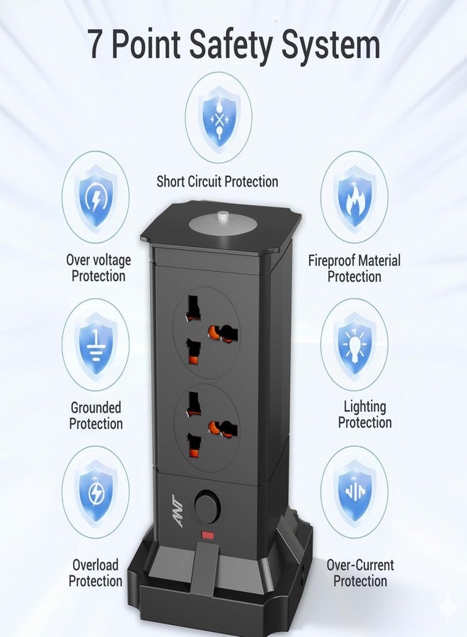 انت موزع طاقة Ant Pulse Tower | لوحة تمديد | حماية من زيادة التيار | منافذ متعددة | 4 منافذ تيار متردد، منفذي USB (2.1 أمبير) + منفذي Type-C | 2500 واط / 10 أمبير | إضاءة ليلية LED علوية | مفتاح واحد | غطاء أمان للأطفال - أسود - Image 2